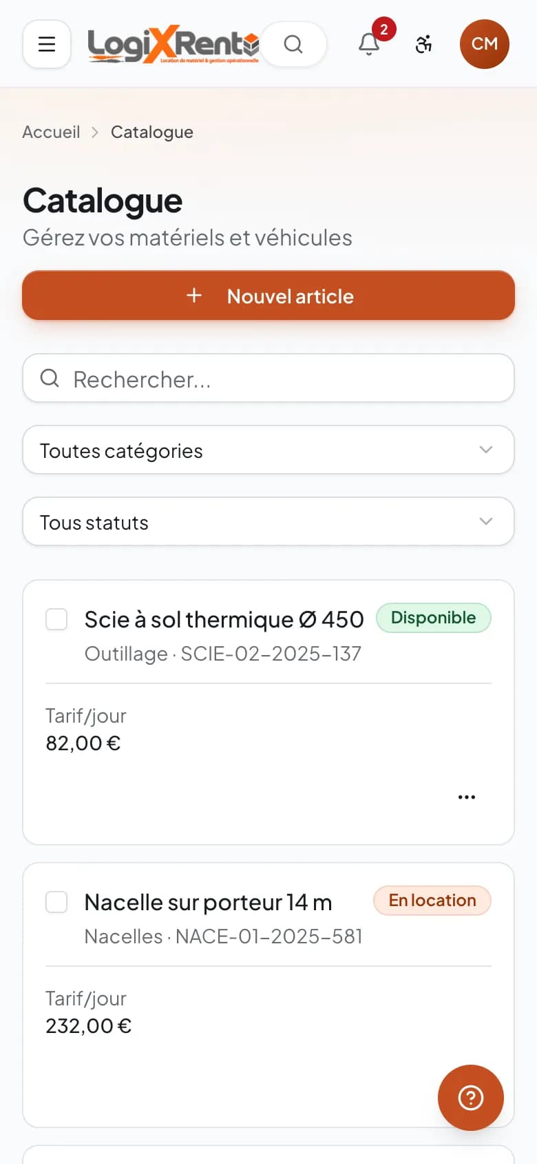 Catalogue du matériel sur téléphone