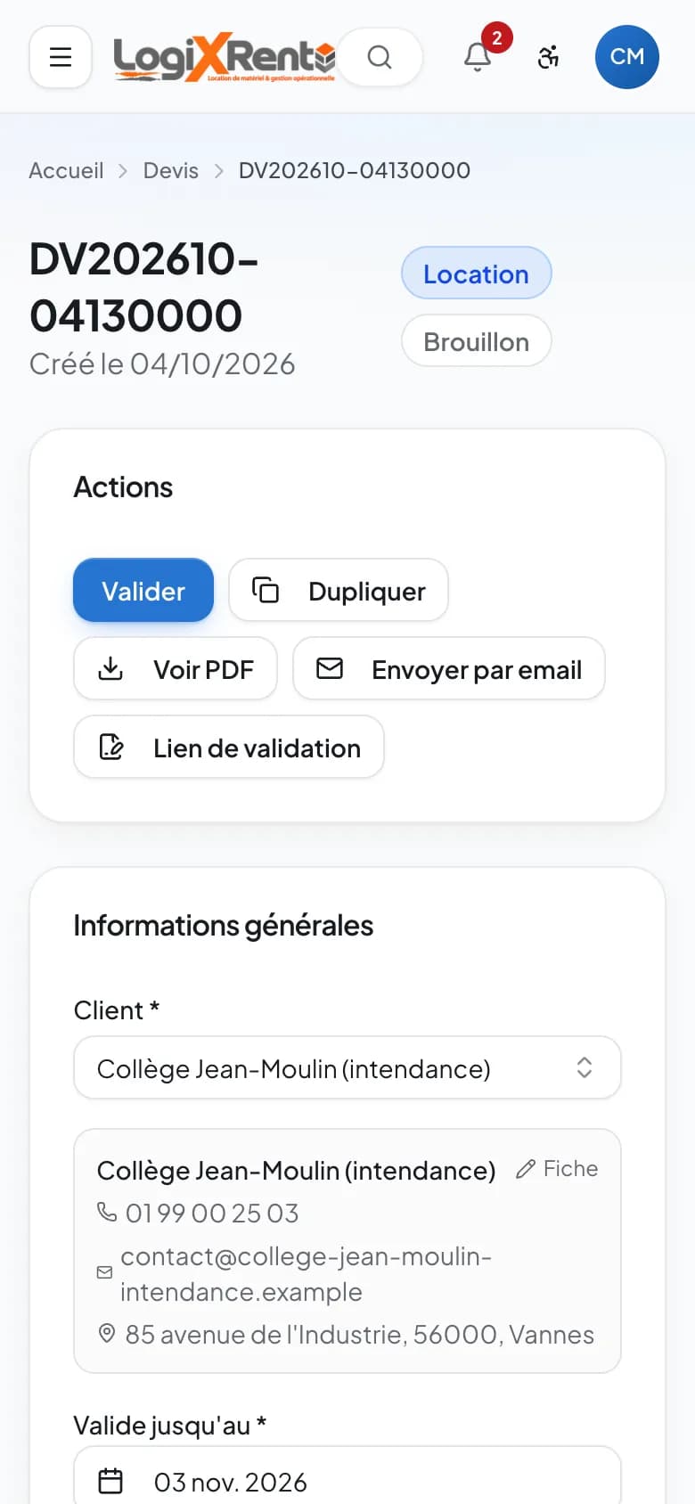 Devis et ses actions sur téléphone