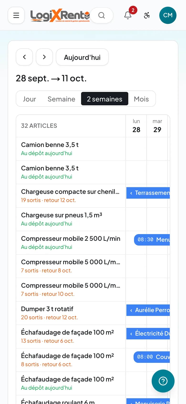 Planning par article sur téléphone